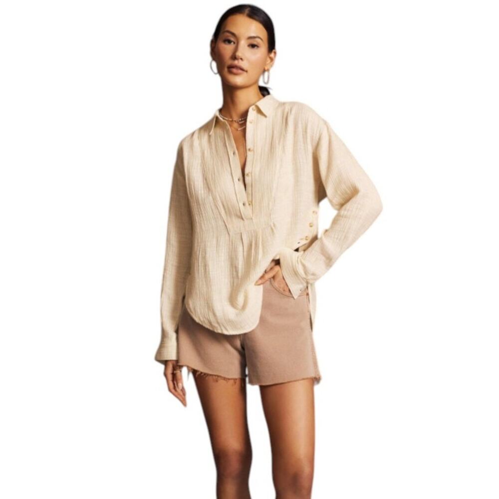 Anthropologie Yellow Striped V-Neck Cotton Popover Button Down Shirt